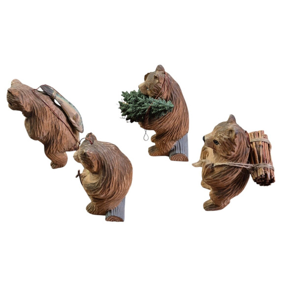 Vtg Carved Wood Bear Ornament Figurines Camping Cabin Family Rustic Woodsy RARE - Picture 3 of 10